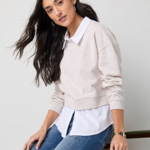 NWT Francesca’s Meghan Two-Fer Sweatshirt Top | Women’s Medium | Taupe & White - Picture 1 of 4